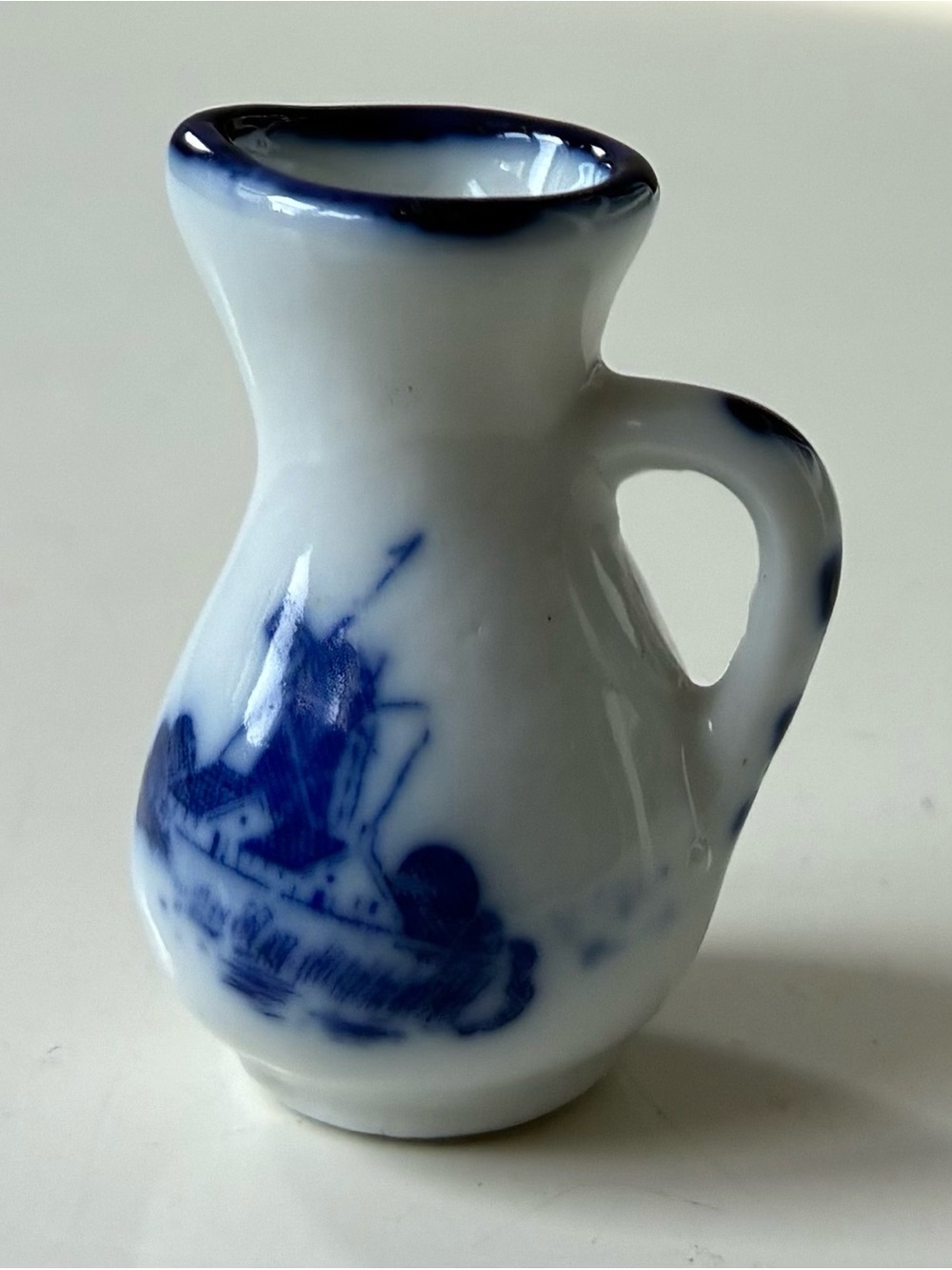Vintage Mini Blue White Porcelain Pitcher Dutch Windmill Delft Style 2.5”